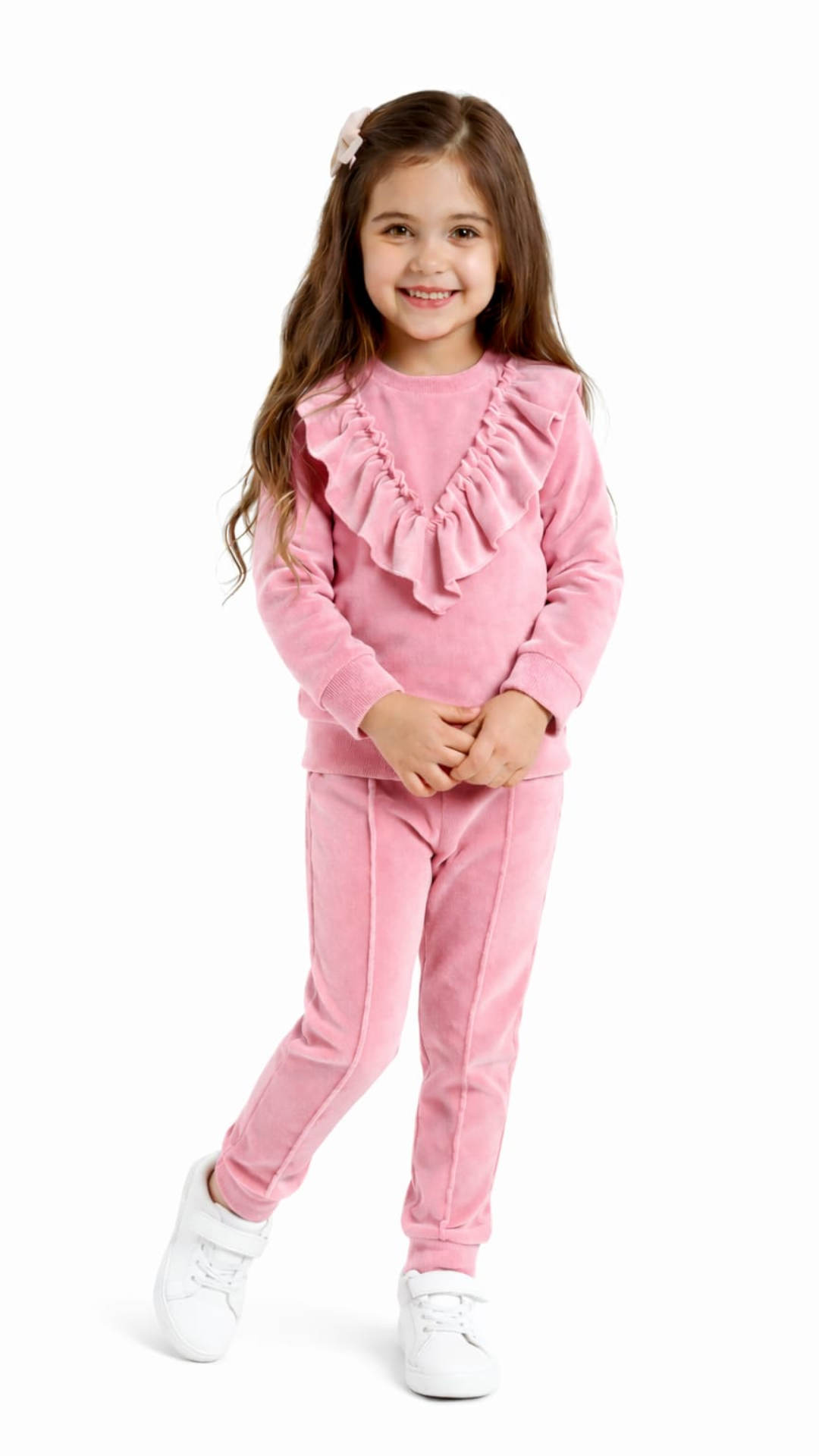 Set din catifea cu bluză cu fodre si pantalon slim