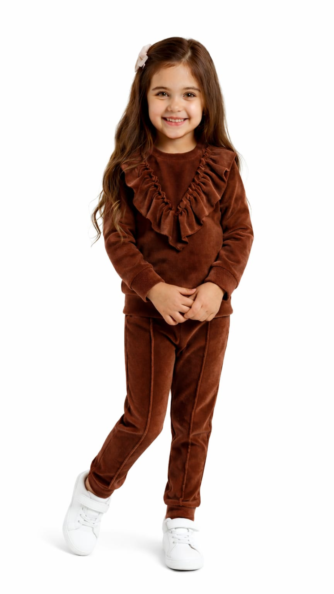 Set din catifea cu bluză cu fodre si pantalon slim