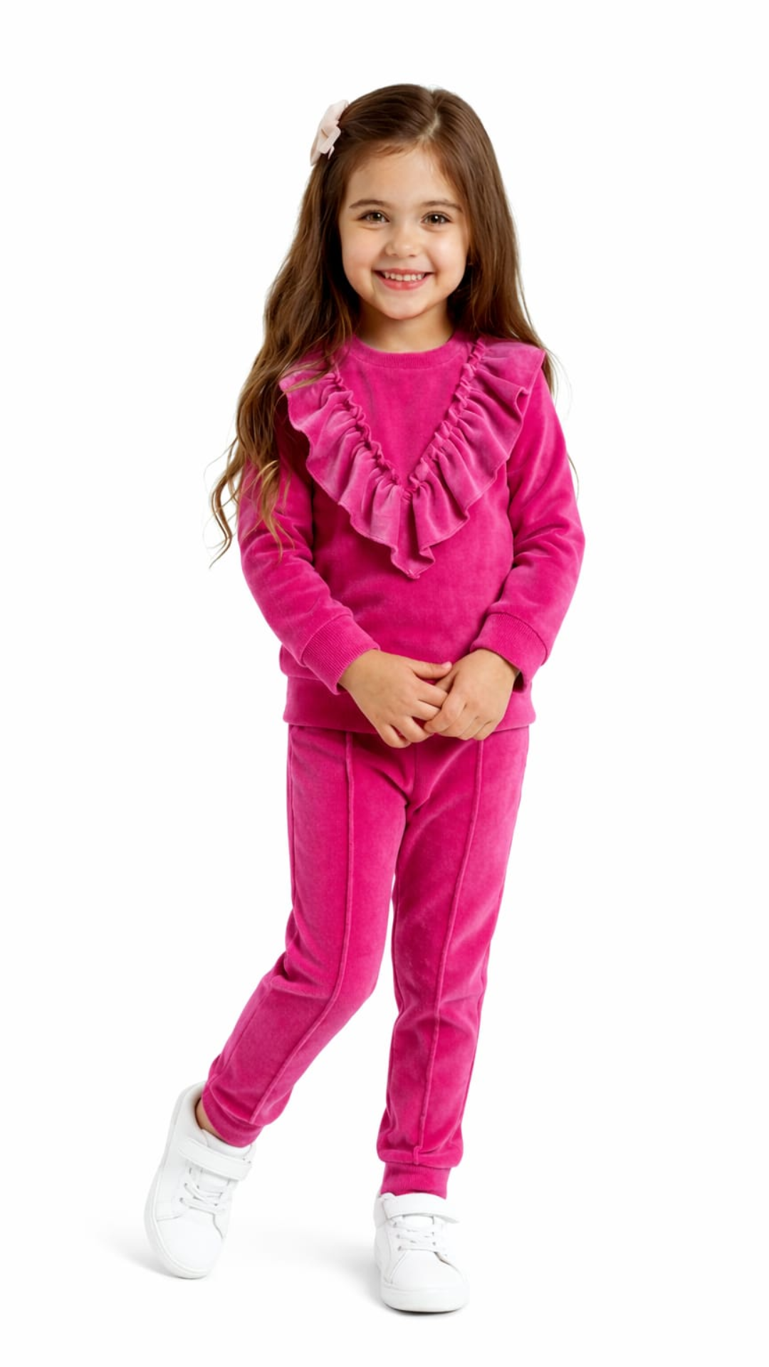 Set din catifea cu bluză cu fodre si pantalon slim