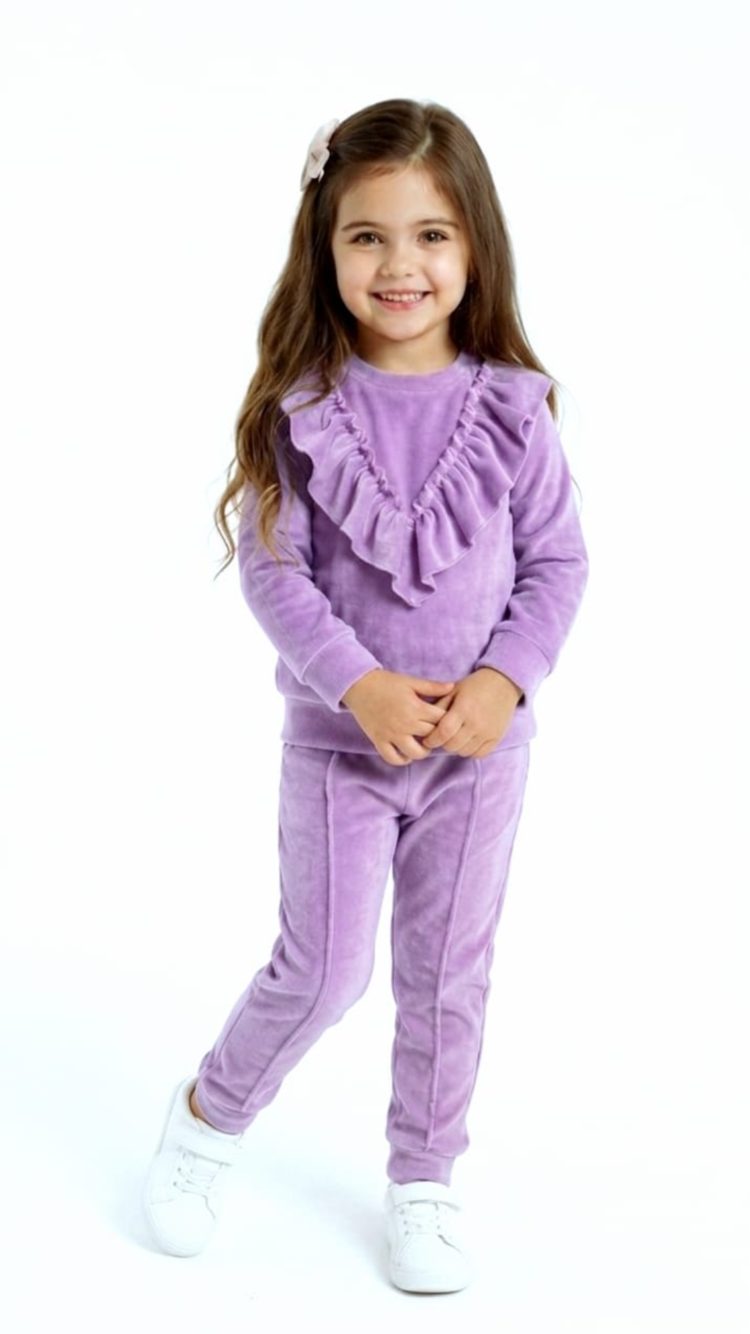 Set din catifea cu bluză cu fodre si pantalon slim