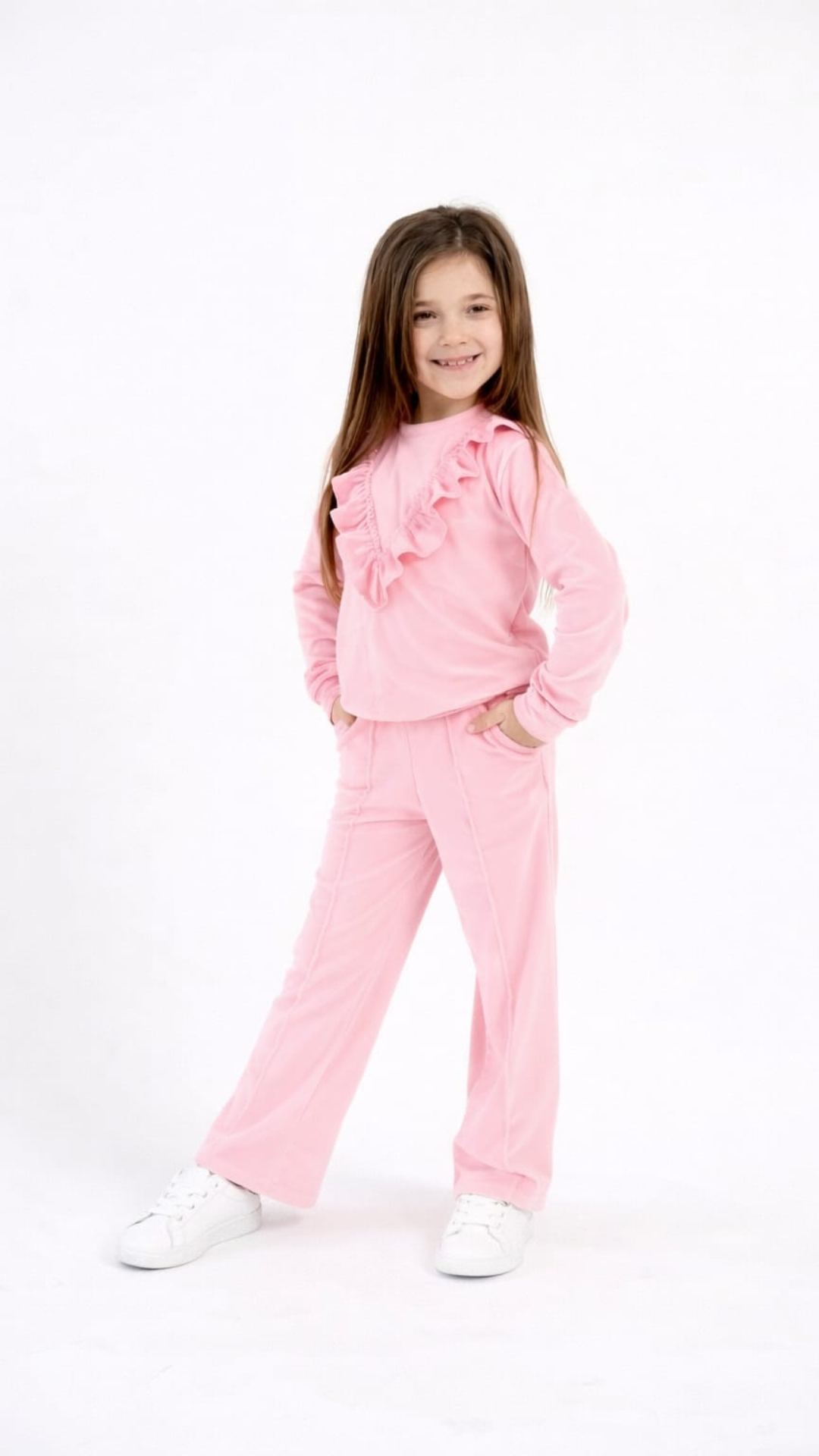 Set din catifea cu bluză cu fodre si pantalon drept