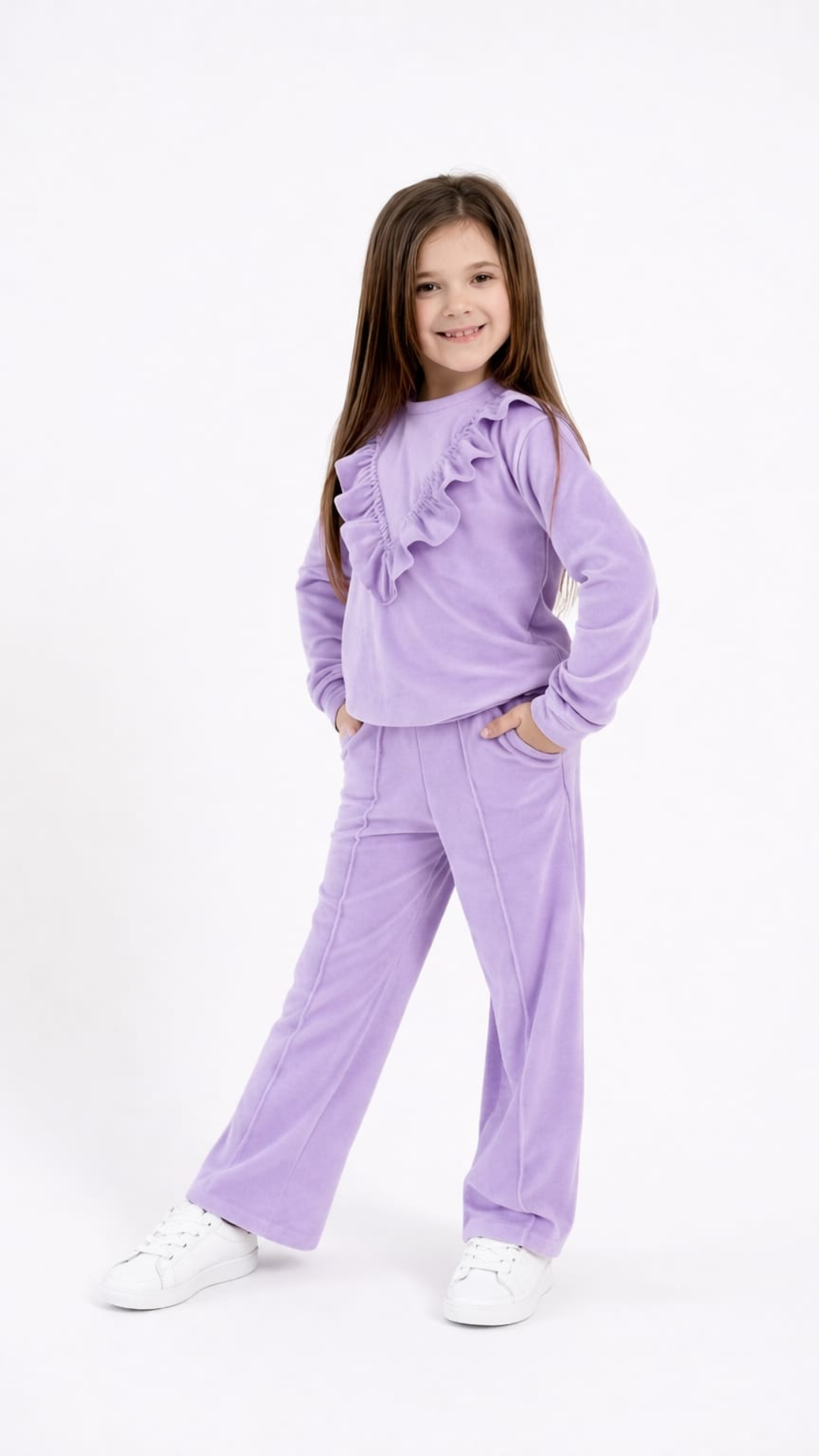 Set din catifea cu bluză cu fodre si pantalon drept