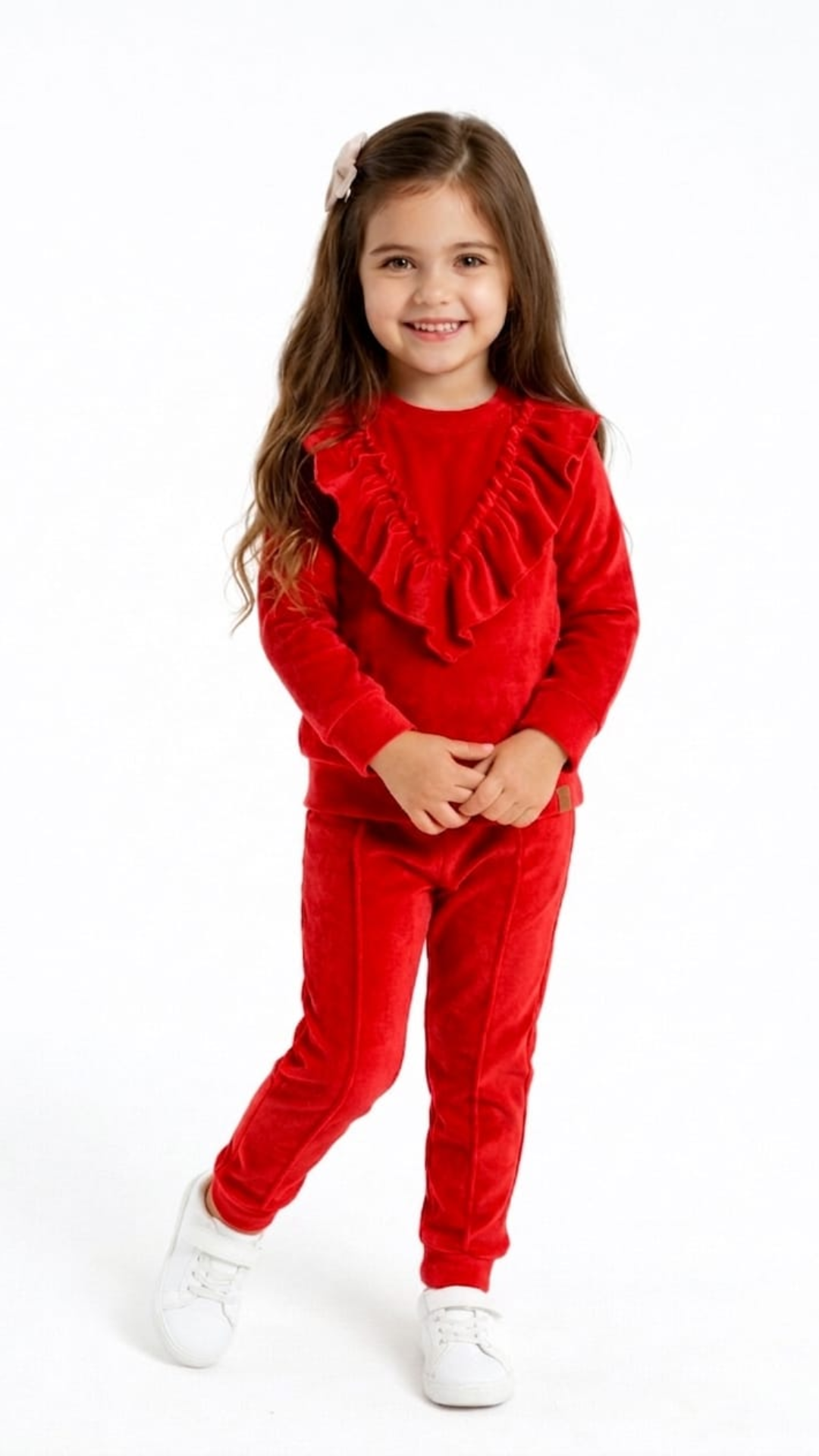 Set din catifea cu bluză cu fodre si pantalon slim